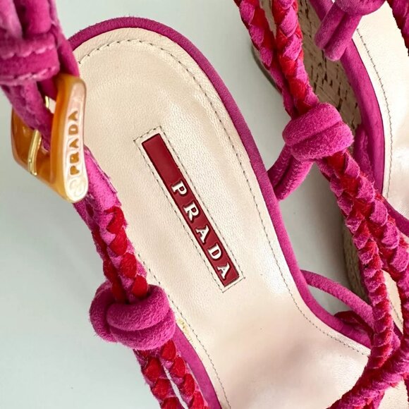 PRADA Strappy Suede Slingback Cork Wedge Sandals in Fuchsia Red Size 38.5 US 8.5 - Picture 8 of 10